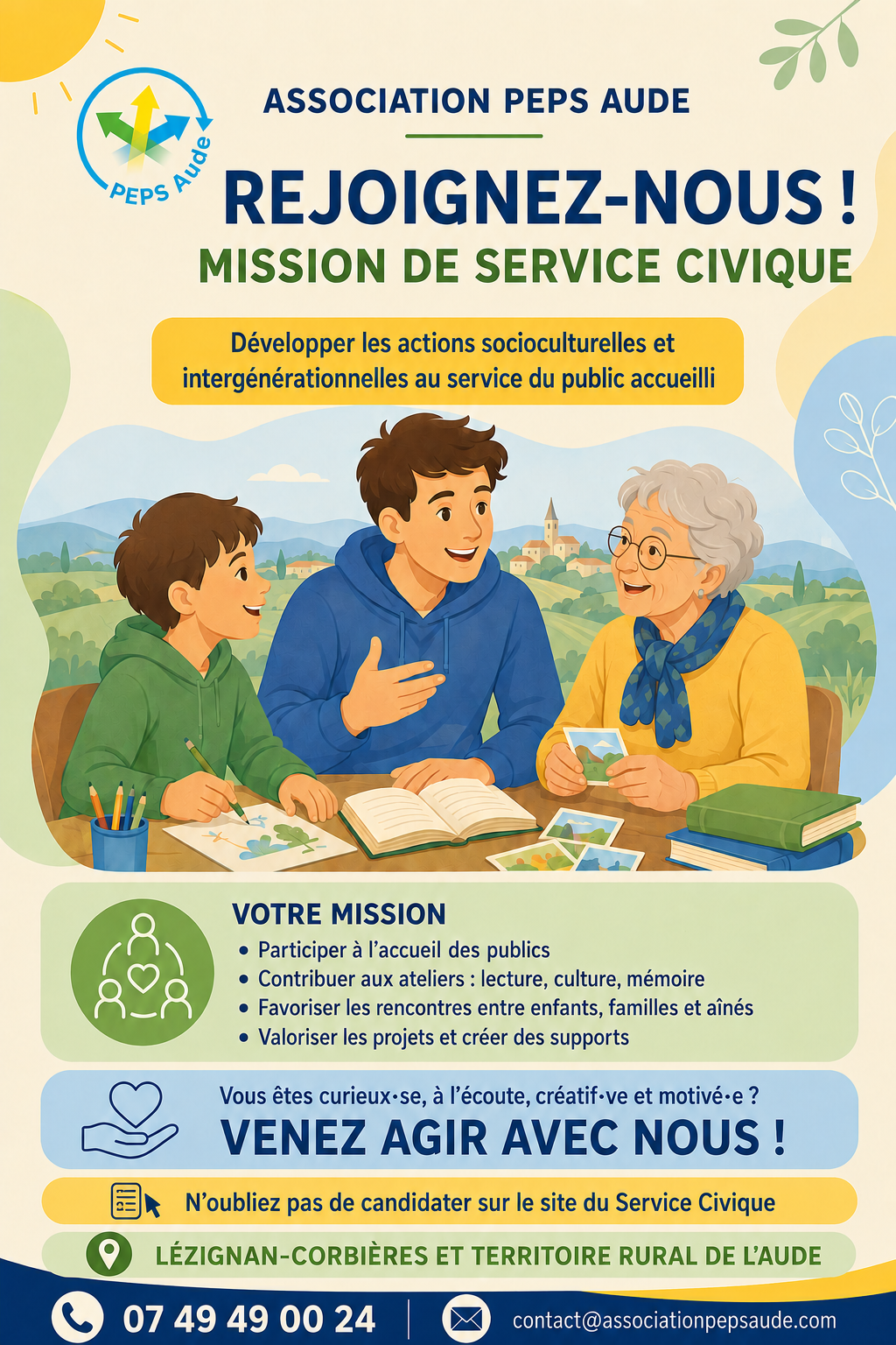 Affiche de recrutement — mission de Service Civique à l'Association PEPS Aude